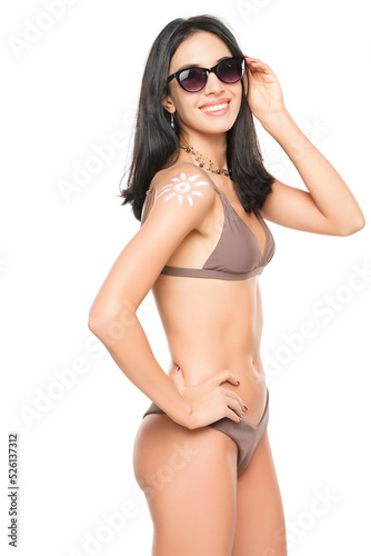 Happy Woman In Bikini With Suntan Lotion Shaped Sun On Her Shoulder, On A White Background. © vladimirfloyd