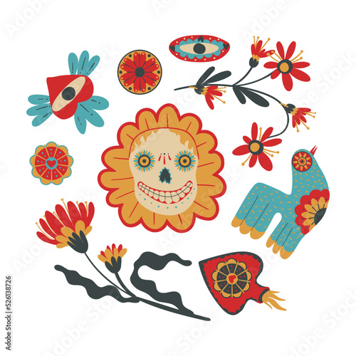 Mexican ornaments with animals, masks, skeletons for the day of the dead