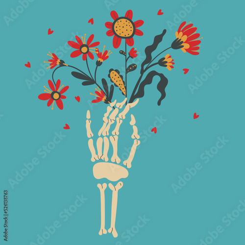 Magic hand with burning heart and flowers