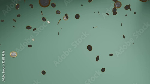 Falling gold euro coins. Slow motion. 3d animation. 4K video.  Concept of business success, inflation, rich, millionaire, lottery and abundance.