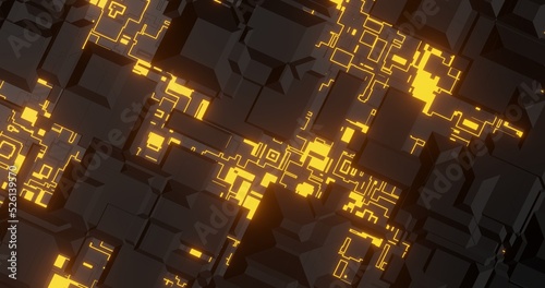 abstract background using geometric texture patterns and bright yellow lines identical to tech sci-fi theme, orthographic camera, 3d rendering and 4K size