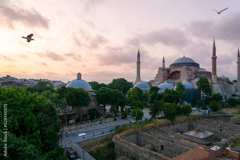 Fototapeta premium Hagia Sophia in Istanbul, seen from a terrace at sunset.
