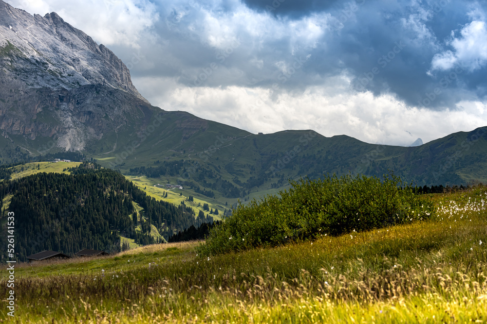 Obraz premium Moody sky over meadows in the Dolomites, Trentino Italy. Summer 2021