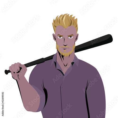 Beardman holding a baseball bat. Isolated white background. Hooligan with baseball bat ready for fight. Violence and aggression concept, man hand holding baseball sport bat.