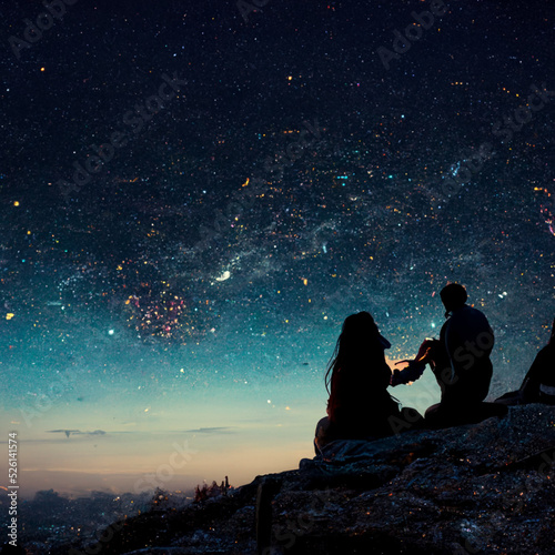 Fotografia man proposing to his girlfriend on top of a mountain, night sky with milky way