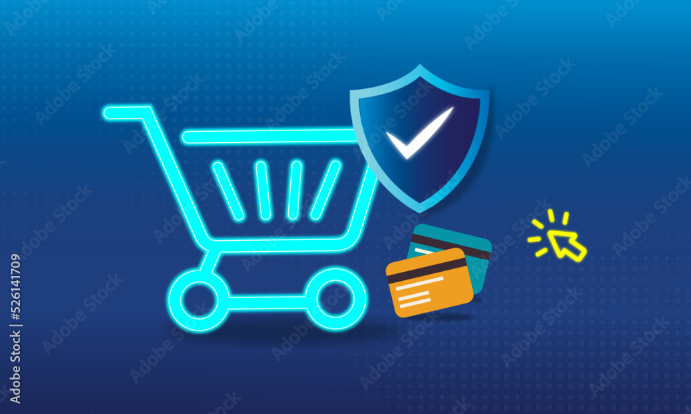 Carro de supermercado online con tarjetas de crédito y escudo de compras seguras