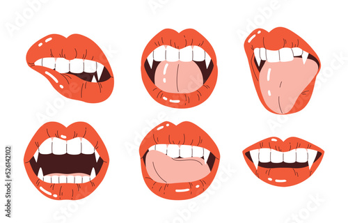 Set of vampire's lips with fangs. A woman's mouth with bright red lips and long, sharp teeth. Vampire aesthetic collection. Vector illustration in cartoon style. Isolated white background
