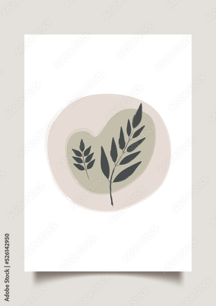 Trendy art poster with branches with leaves on abstract background.