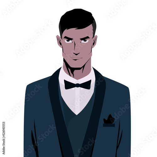 Portrait of handsome stylish man in elegant black suit, smoking with a bowtie. Vector illustration