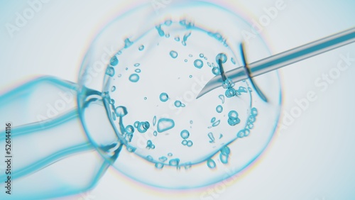 Artificial insemination of a cell or injection. Live cell and syringe needle.