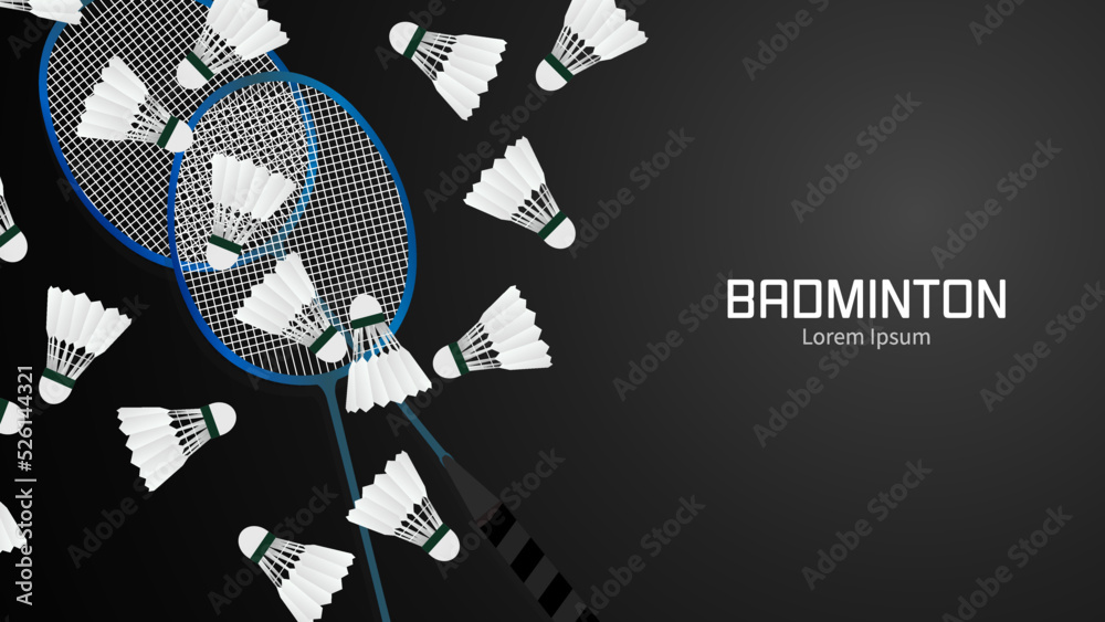 Badminton racket with white badminton shuttlecock on black background ...