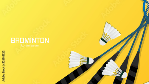 Badminton racket with white badminton shuttlecock on yellow  background badminton court indoor badminton sports wallpaper with copy space     illustration Vector EPS 10