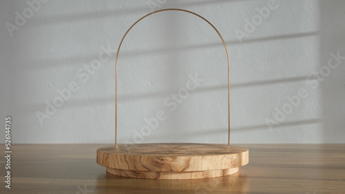 Wooden podium with a golden arch in a room on a wooden floor, demonstrative background - 3D rendering