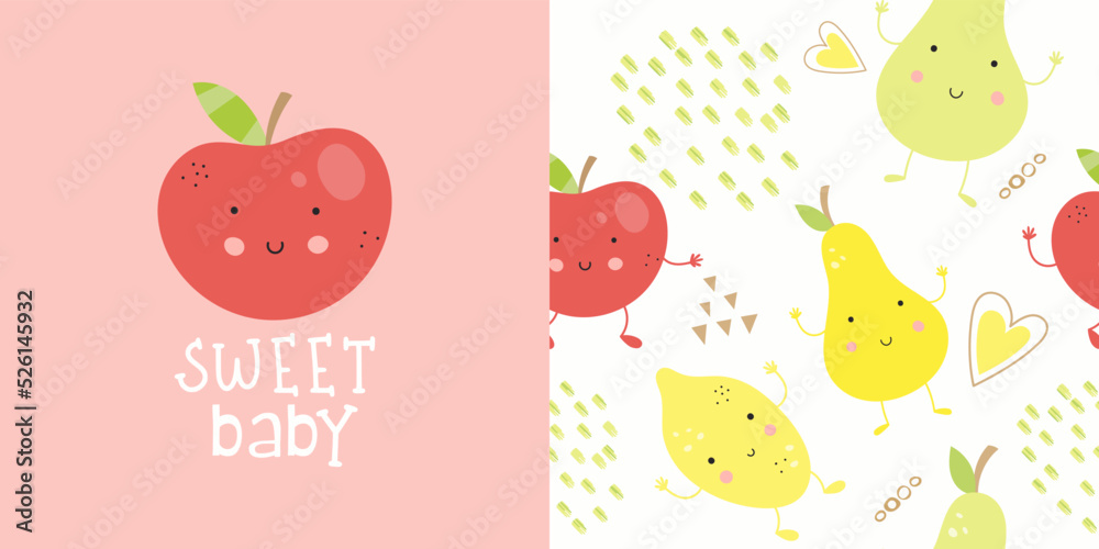 Red Apple Print Card and Seamless Pattern for kids fabric textile. Fruits collection. Vector illustration Red Apple Print Card and Seamless Pattern for kids fabric textile. Fruits collection. Vector illustration