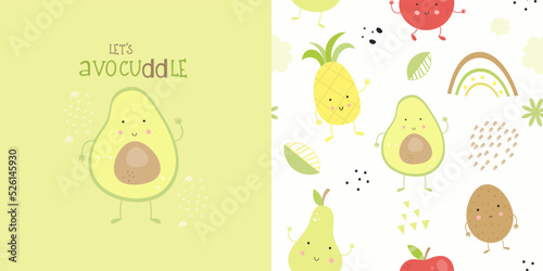 Print Card and Seamless Pattern for kids fabric textile – cute Avocado. Fruits collection. Vector illustration