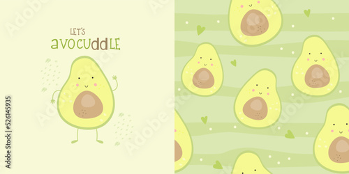 Avocado Print Card and Seamless Pattern for kids fabric textile. Fruits collection. Vector illustration