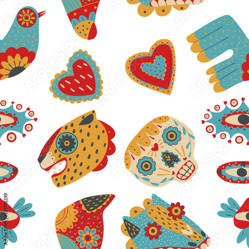 Mexican patterns with flowers, sugar skulls, burning hearts for the day of the dead