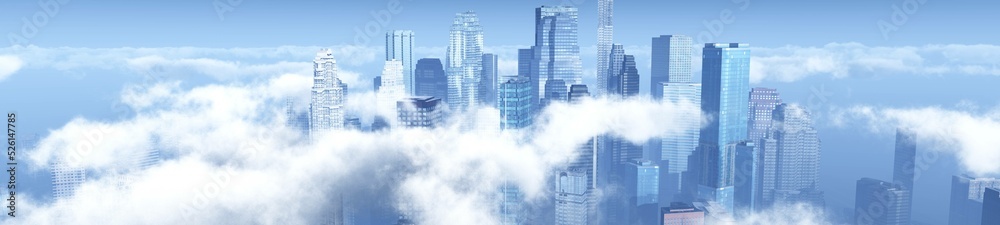 City in the morning in clouds of fog, panorama of a modern city among the clouds, 3d rendering
