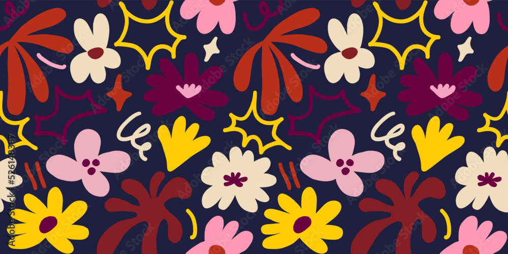 Abstract seamless pattern with cute hand drawn meadow flowers. Stylish natural background. Hand drawn design elements. Abstract seamless pattern with cute hand drawn meadow flowers. Stylish natural background. Hand drawn design elements.