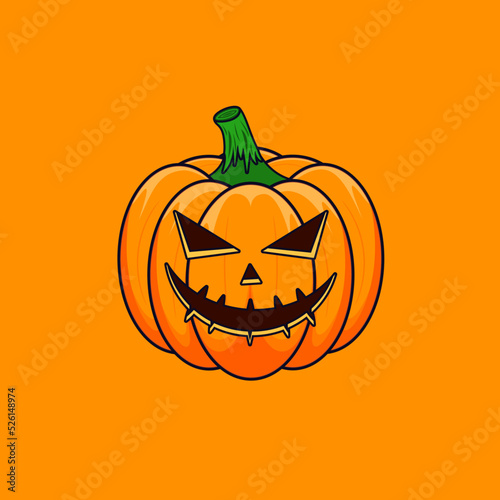 Halloween Cartoon Outline Pumpkin isolated on orange background. The main symbol of the Happy Halloween holiday. Orange spooky pumpkin with scary smile holiday Halloween.