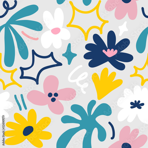 Abstract seamless pattern with cute hand drawn meadow flowers. Stylish natural background. Hand drawn design elements. © Oleksandra