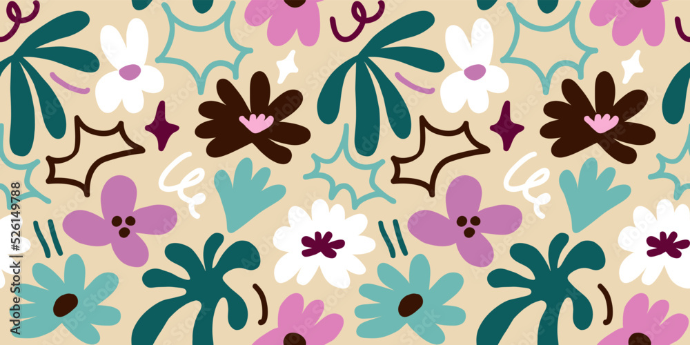 Abstract seamless pattern with cute hand drawn meadow flowers. Stylish natural background. Hand drawn design elements.