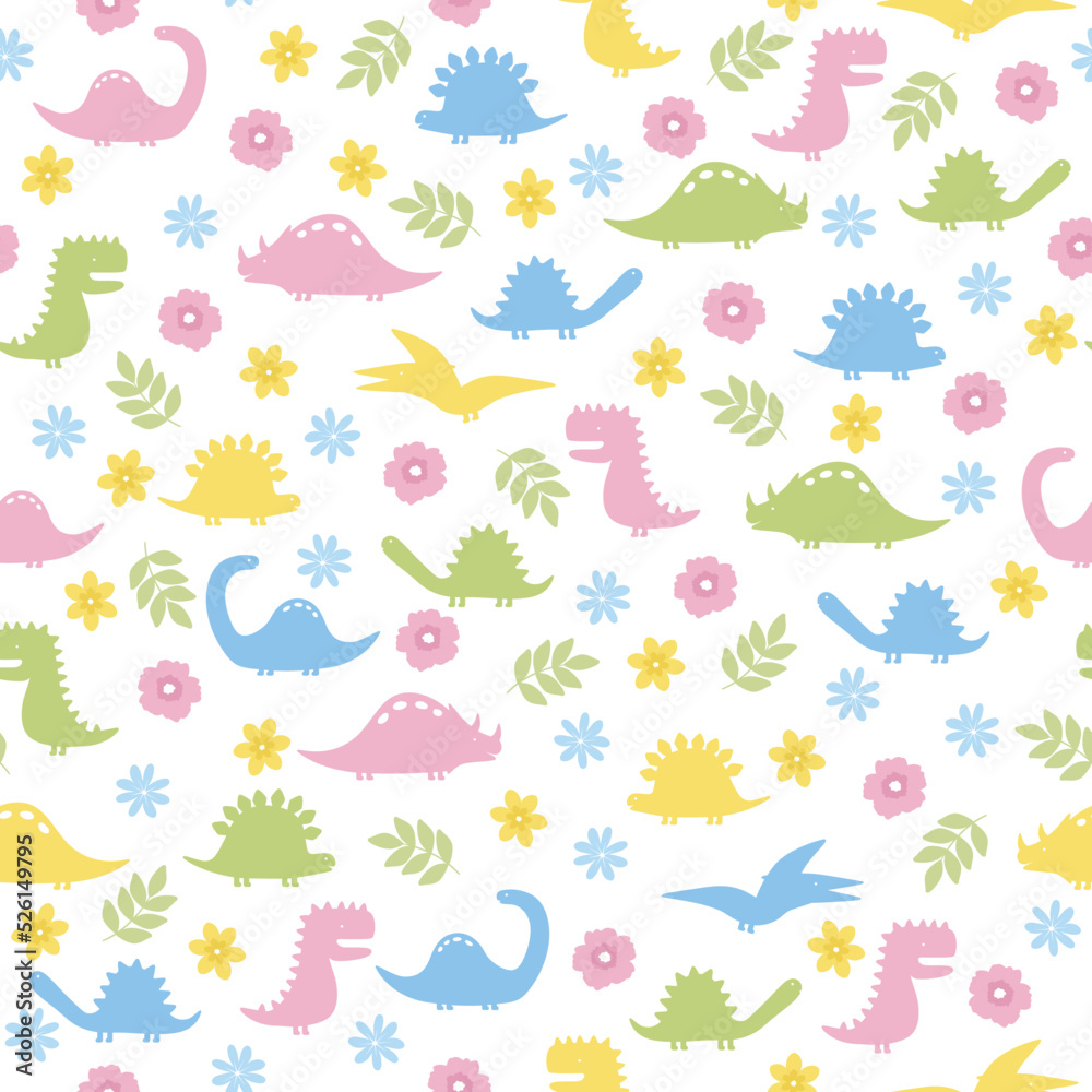 Dinosaurs seamless pattern. Dinosaurs rabbits, flowers and leaves on a white background.