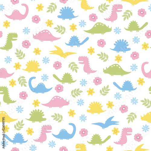 Dinosaurs seamless pattern. Dinosaurs rabbits  flowers and leaves on a white background.