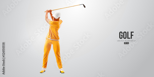 Realistic silhouette of a golf player on white background. Golfer man hits the ball. Vector illustration