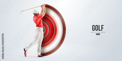 Realistic silhouette of a golf player on white background. Golfer man hits the ball. Vector illustration