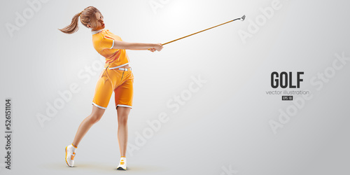 Realistic silhouette of a golf player on white background. Golfer woman hits the ball. Vector illustration
