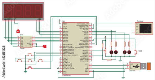 The vector  electrical schematic diagram of a digital usb
information output device,
operating under the control of an ATmega microcontroller.
Vector drawing of an electronic device in a1 format.