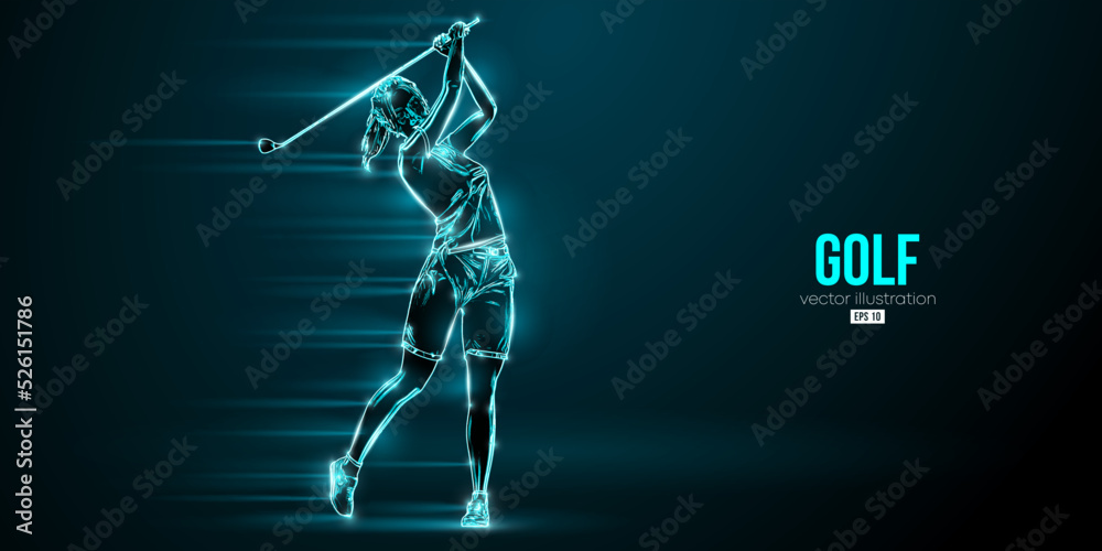 Abstract silhouette of a golf player on blue background. Golfer woman hits the ball. Vector illustration