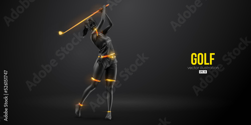 Abstract silhouette of a golf player on black background. Golfer woman hits the ball. Vector illustration