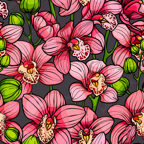 Pink orchids on gray background  seamless pattern. hand drawn illustration. Exotic tropical flowers