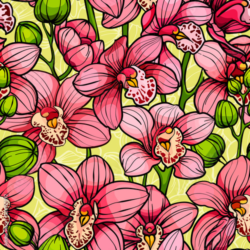 Pink orchids on yellow background, seamlesspattern. hand drawn illustration. Exotic tropical flowers © babanova