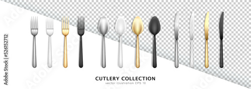 Big set of realistic stainless steel and plastic cutlery. Top view of three dimensional silver, white, golden and black forks, spoons and knives isolated on transparent background. Flatware template