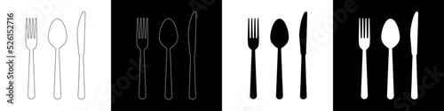 Set of four solid and linear icons with cutlery. Black and white signs of spoon, knife and fork. Simple vector illustration of tableware silhouettes 