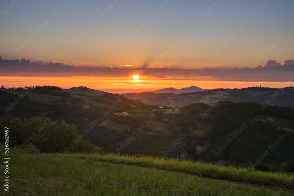 Sunrise over Adriatic Sea from Emilia Romagna mountains, Italy