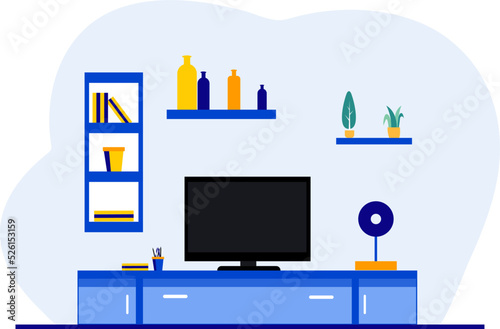 Comfortable home workplace with turned on desktop vector illustration Graphic design