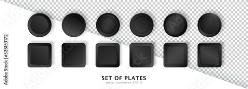 Big set of 12 different realistic plates. 3d mock up of modern black square and round dishes, crockery, utensil. Template of empty cookware isolated on white and transparent background. 