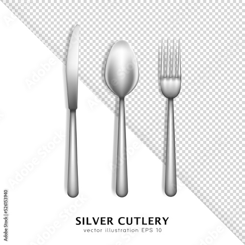 3d realistic stainless steel cutlery. Top view of three dimensional metal silver fork, spoon and knife isolated on white transparent background. Flatware, utensil template, mockup