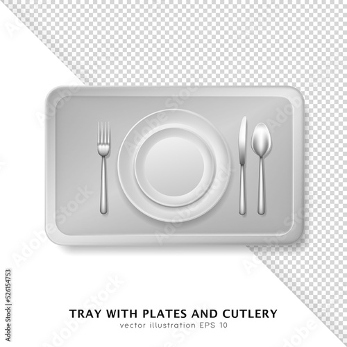 3d food tray with big and small white round plates and silver cutlery. Realistic template of serving platter with dish, crockery, utensil and fork, spoon, knife. Top view of  salver for tableware 