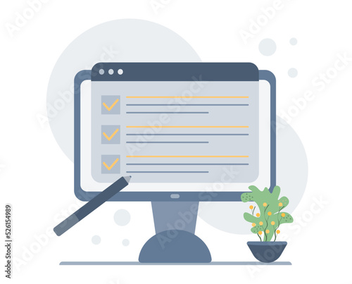 Homework assignment. Concept of e-learning, online education, home schooling, web courses. Design in cartoon style. Vector illustration. Computer