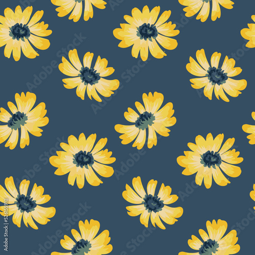 Seamless floral pattern, retro style ditsy print with large flower heads. Romantic botanical background with an abstract composition of yellow hand drawn flowers on a blue surface. Vector.