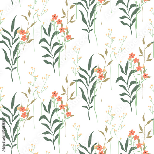 Fototapeta Naklejka Na Ścianę i Meble -  Seamless pattern with gentle botanical composition on a white background. Romantic floral print with drawing plants: small flowers on thin branches, leaves, herbs. Trendy surface design. Vector.