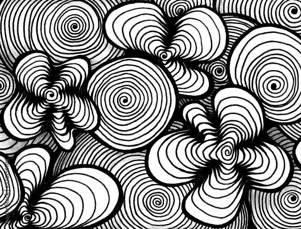 Obraz premium Abstract black and white line art background. Waves, optical illusions. Hand drawn doodle illustration. Graphic sketch.