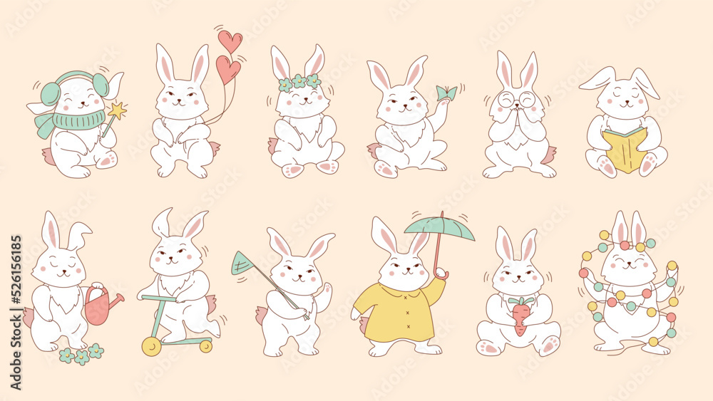 Set of cute animals rabbits character isolated on pink background. Bundle of funny bunnies with glasses, scarf, heart, book, garland, umbrella, carrot, flower, scooter. Vector in cartoon kawaii style