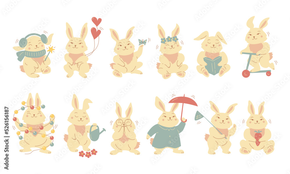 Set of hand drawn cute animals rabbits character. Bundle of funny bunnies with glasses, scarf, heart, book, garland, umbrella, carrot, flower, scooter. Vector in cartoon kawaii style Set of hand drawn cute animals rabbits character. Bundle of funny bunnies with glasses, scarf, heart, book, garland, umbrella, carrot, flower, scooter. Vector in cartoon kawaii style