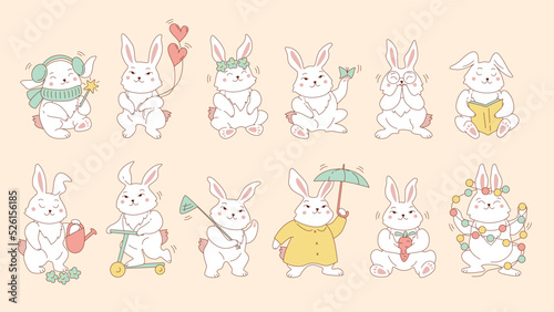 Fototapeta Naklejka Na Ścianę i Meble -  Set of cute animals rabbits character isolated on pink background. Bundle of funny bunnies with glasses, scarf, heart, book, garland, umbrella, carrot, flower, scooter. Vector in cartoon kawaii style